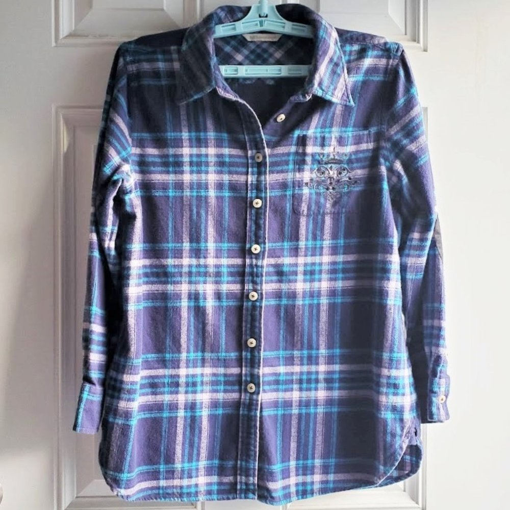 Upcycled Flannel Shirt SMURF SMOKING Weed BLUE DREAM Graphic Tee on Back - Picture 5 of 5
